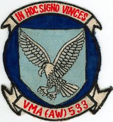 Marine All-Weather Attack Squadron 533  (VMA (AW)-533)
VMA(AW)-533 "Nighthawks"
1965-1969 1st Design
A-6A Intruder
Translation: IN HOC SIGNO VINCES = In This Sign You Shall Conquer.
