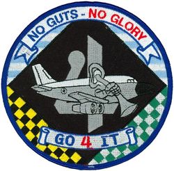 55th Wing RC-135 No Guts No Glory
The significance of the "4" is said to derive from an article in a major East Coast daily that listed aircraft participating in one of the US's major military engagements in the early 1990s and the RC-135s were listed fourth in the article.  The designs in the background are reportedly from the scarves of the 38th, 343d, and 6949th, but this could not be confirmed (another source says 38th, 922d, and 6916th).  All agree the blue and white stripes are from the Greek flag, alluding to Iraklion AB.  -GWO
