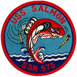 SSR-573 USS Salmon
Namesake. Salmon, species of euryhaline ray-finned fish from the genera Salmo and Oncorhynchus of the family Salmonidae
Awarded. 27 Feb 1952
Builder. Portsmouth Naval Shipyard, Kittery, ME
Laid down. 10 Mar 1954
Launched. 25 Feb 1956
Commissioned. 25 Aug 1956, as SSR-573
Decommissioned. 1 Oct 1977
Reclassified:	
SS-573 (Attack submarine), 1 Mar 1961
AGSS-573 (Auxiliary Research submarine), 1 Jun 1968
SS-573 (Attack submarine), 30 Jun 1969
Stricken. 1 Oct 1977
Fate. Sunk as a bottom target, 5 Jun 1993
Class and type. Sailfish-class submarine
Displacement:	
2,030 long tons (2,063 t) light
2,334 long tons (2,371 t) surfaced
3,168 long tons (3,219 t) submerged
Length. 350 ft (110 m)
Beam. 29 ft 1 in (8.86 m)
Draft. 16 ft 4 in (5 m)
Propulsion. Diesel-electric, 2 screws
Speed. 20.5 knots (38.0 km/h; 23.6 mph) surfaced; 15 knots (28 km/h; 17 mph) submerged
Complement. 95 officers and men
Armament. 6 × 21 inch (533 mm) torpedo tubes

