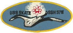 SSN-578 USS Skate
Namesake. Skate, are cartilaginous fish belonging to the family Rajidae
Builder. General Dynamics Electric Boat, Groton, CT
Ordered. 18 Jul 1955
Laid down. 21 Jul 1955
Launched. 16 May 1957
Commissioned. 	23 Dec 1957
Decommissioned. 12 Sep 1986
Stricken	. 30 Oct 1986
Fate. Disposed of by submarine recycling 6 Mar 1995
Class and type. Skate-class attack submarine
Displacement:	
2,550 long tons (2,590 t) surfaced
2,848 long tons (2,894 t) submerged
Length. 267 ft 7 in (81.56 m)
Beam. 25 ft (7.6 m)
Propulsion. S3W reactor
Speed. 15.5 knots (17.8 mph; 28.7 km/h) surfaced: 18 kn (21 mph; 33 km/h) submerged
Complement. 8 officers and 76 men
Armament. 8× 21 in (530 mm) torpedo tubes (6 forward, 2 aft)

