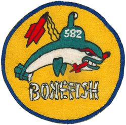 SSN-582 USS Bonefish
Namesake. Bonefish, (Albula vulpes) species of the bonefish family (Albulidae), family Albuliformes.
Awarded. 29 Jun 1956
Builder. New York Shipbuilding, Camden, NJ]
Laid down. 3 Jun 1957
Launched. 22 Nov 1958
Commissioned. 9 Jul 1959
Decommissioned. 28 Sep 1988
Stricken. 28 Feb 1989
Fate. Sold for scrap, 17 Aug 1989
Class and type. Barbel-class attack diesel-electric submarine
Displacement:	
1,744 tons (1,778 t) light
2,146 tons (2,180 t) full
2,637 tons (2,679 t) submerged
402 tons (408 t) dead
Length. 219 ft 6 in (66.90 m) overall
Beam. 29 ft (8.8 m)
Draft. 5 ft (7.6 m) max
Propulsion:	
3 × Fairbanks-Morse diesel engines, total 3,150 bhp (2.3 MW)
2 × General Electric electric motors, total 4,800 bhp (3.6 MW)
Speed. 12 knots (22 km/h) surfaced; 25 knots (46 km/h) submerged
Endurance. 30 minutes at full speed; 102 hours at 3 knots
Test depth. 712 ft (217 m) operating; 1,050 ft (320 m) collapse
Complement. 10 officers, 69 men
Armament. 6 × 21 inch (533 mm) bow torpedo tubes, 18 torpedoes

