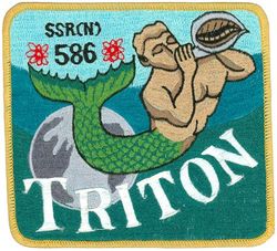 SSRN-586 USS Triton
Namesake. Triton, a Greek god of the sea, the son of Poseidon and Amphitrite
Ordered. Oct 1955
Builder. General Dynamics Electric Boat
Laid down. 29 May 1956
Launched. 19 Aug 1958
Commissioned. 10 Nov 1959
Decommissioned. 3 May 1969
Reclassified. 1 Mar 1961 (SSN-586)
Refit. Sep 1962 to Jan 1964
Stricken. 30 Apr 1986
Motto. Nulli Secundus (Second to None)
Honors and awards: Presidential Unit Citation (1960); Navy Unit Commendation (1966); Navy Unit Commendation (1967)
Fate. Recycled (sail was preserved and placed on display in a park in Richland, WA)
Class. Skipjack-class attack submarine
Type:	
1959: Nuclear-powered Radar Picket Submarine (SSRN)
1961: Nuclear-powered Attack Submarine (SSN)
Displacement:	
5,963 long tons (6,059 t) surfaced
7,773 long tons (7,898 t) submerged
Length. 447 ft 6 in (136.40 m) overall
Beam. 37 ft (11 m)
Draft. 23 ft 6 in (7.16 m)
Installed power. 45,000 shp (34,000 kW)
Propulsion:	
Two S4G pressurized-water nuclear reactors (PWR)
Two steam turbines
Two five-blade propellers
Speed:	
+30 knots (56 km/h; 35 mph) surfaced
+27 knots (50 km/h; 31 mph) submerged
Endurance. Essentially unlimited
Test depth. 700 ft (210 m) operational; 1,050 ft (320 m) crush
Complement. 172 officers and enlisted men (radar picket role); 159 officers and enlisted men (attack role)
Sensors and processing systems:
Air search radar: AN/SPS-26 (1959); AN/BPS-2 (1962)
Sonar systems: AN/BQS-4 (active); AN/BQR-2 (passive)
Fire control system. MK-101
Armament. 6 × 21 in (533 mm) Mk 60 torpedo tubes (four bow, two stern)

