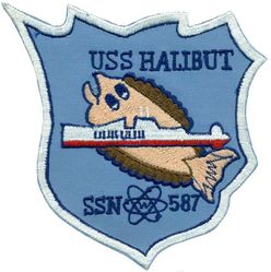 SSN-587 USS Halibut
Namesake. The halibut, flatfish in the genera Hippoglossus and Reinhardtius, family of flounders
Laid down. 11 Apr 1957
Launched. 9 Jan 1959
Commissioned. 4 Jan 1960
Decommissioned. 30 Jun 1976
Reclassified. From SSGN-587 to SSN-587, 15 Apr 1965
Stricken. 30 Apr 1986
Fate. Disposed of through the Ship-Submarine Recycling Program, 9 September 1994
Type: SSGN 1960-1965; Attack submarine 1965-1976
Displacement. 3655 tons surfaced, 5000 tons submerged
Length. 	350 ft (110 m)
Beam. 29 ft (8.8 m)
Draft. 28 ft (8.5 m)
Propulsion. S3W reactor, 7300 shp; two turbines, two shafts[1]
Speed. 15/20+kt (28/37 km/h) (surfaced/submerged)[1]
Range. unlimited except by food supplies
Complement. 9 officers and 88 men
Armament:	
1 Regulus missile launcher (5 x Regulus I or 2 x Regulus II missiles)
6 × 21 inch (533 mm) torpedo tubes (four forward, two aft)

