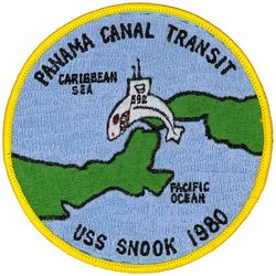 SSN-592 USS Snook PANAMA CANAL TRANSIT 1980
Namesake. Snook, is a species of marine fish in the family Centropomidae of the order Perciformes
Builder. Ingalls Shipbuilding, MS
Ordered. 18 Jan 1957
Laid down. 7 Apr 1958
Launched. 31 Oct 1960
Commissioned. 24 Oct 1961
Decommissioned. 14 Nov 1986
Stricken	. 14 Nov 1986
Fate. Entered the Submarine Recycling Program on 1 Oct 1996
Class and type. Skipjack-class submarine
Displacement:	
2,830 long tons (2,880 t) surfaced
3,500 long tons (3,600 t) submerged
Length. 251 ft 8 in (76.71 m)
Beam. 31 ft 7.75 in (9.6457 m)
Draft. 28 ft (8.5 m)
Propulsion:	
1 × S5W reactor
2 × Westinghouse steam turbines, 15,000 shp (11 MW)
1 shaft
Speed. 15 knots (17 mph; 28 km/h) surfaced; More than 30 knots (35 mph; 56 km/h) submerged
Test depth. 700 ft (210 m)
Complement. 118
Sensors and processing systems:	
BPS-12 radar
BQR-21 sonar
BQR-2 passive sonar
BQS-4 (modified) active/passive sonar
Armament:
6 × 21 inch (533 mm) torpedo tubes (bow)
24 × Mark 37 torpedoes, Mark 14 torpedoes, Mark 16 torpedoes, Mark 45 ASTOR nuclear torpedoes, and/or Mark 48 torpedoes

