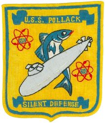 SSN-603 USS Pollack
Namesake. The Pollack, species of North Atlantic marine fish in the genus Pollachius
Awarded. 3 Mar 1959
Builder. New York Shipbuilding, Camden, NJ
Laid down. 14 Mar 1960
Launched. 17 Mar 1962
Commissioned. 26 May 1964
Decommissioned. 1 Mar 1989
Stricken. 1 Mar 1989
Fate. Entered Ship-Submarine Recycling Program, 9 Feb 1993
Class and type. Thresher/Permit-class submarine
Displacement. 3,750 long tons (3,810 t)
Length. 278 ft 5 in (84.86 m)
Beam. 31 ft 7 in (9.63 m)
Draft. 25 ft 2 in (7.67 m)
Propulsion. S5W PWR
Speed. 20 knots (37 km/h; 23 mph)+
Complement. 107 officers and men
Armament:	
4 × 21 in (533 mm) torpedo tubes
SUBROC

