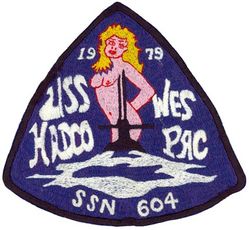 SSN-604 USS Haddo WESTERN PACIFIC CRUISE 1979
Namesake. The haddo, a pink salmon fish prevalent on the Pacific coast of the United States and Canada.
Ordered. 3 Mar 1959
Builder. New York Shipbuilding Corporation
Laid down. 9 Sep 1960
Launched. 18 Aug 1962
Commissioned. 16 Dec 1964
Decommissioned. 12 Jun 1991
Stricken	. 12 Jun 1991
Fate. Disposed of by submarine recycling
Motto. Latin 'En Guard' (On [your] guard)
Class and type. Permit-class submarine
Displacement:	
3,700 tons surfaced,
4300 tons submerged
Length. 278 ft 6 in (84.89 m)
Beam. 31 ft 8 in (9.65 m)
Propulsion. S5W reactor
Speed. 20 knots
Complement. 100 officers and men
Armament. 4 × 21 in (533 mm) torpedo tubes

