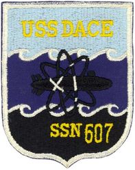 SSN-607 USS Dace
Namesake. The dace, any of various freshwater fishes
Awarded. 3 Mar 1959
Builder. Ingalls Shipbuilding
Laid down. 6 Jun 1960
Launched. 18 Aug 1962
Commissioned. 	4 Apr 1964
Decommissioned. 2 Dec 1988
Stricken	. 2 Dec 1988
Fate. Recycling via Ship-Submarine Recycling Program completed 1 Jan 1997
Class and type. Permit-class submarine
Displacement:	
3,070 tons surfaced,
3,500 tons submerged
Length. 278 ft 5 in (84.86 m)
Beam. 31 ft 8 in (9.65 m)
Draft. 25 ft 2 in (7.67 m)
Propulsion. S5W reactor
Speed: 15 knots (28 km/h; 17 mph) surfaced; greater than 20 knots (37 km/h; 23 mph) submerged
Test depth. Deeper than 400 feet (120 m)
Complement. 105 officers and men
Sensors and processing systems. BQQ5
Armament. 4 × 21 in (530 mm) torpedo tubes SUBROC

