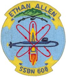 SSBN-608 USS Ethan Allen 
Namesake. Ethan Allen (1738–1789), a hero of the American Revolutionary War
Ordered. 17 Jul 1958
Builder. General Dynamics Electric Boat
Laid down. 14 Sep 1959
Launched. 22 Nov 1960
Commissioned. 	8 Aug 1961
Decommissioned. 31 Mar 1983
Stricken	. 2 Apr 1983
Fate. Recycling via the Ship and Submarine Recycling Program completed 30 July 1999
Class and type. Ethan Allen-class Fleet Ballistic Missile (FBM) submarine (hull design SCB-180)
Displacement:	
6,955 long tons (7,067 t) (surfaced)
7,880 long tons (8,010 t) (submerged)
Length. 	410 feet 4 inches (125.07 m)
Beam. 33.1 feet (10.1 m)
Draft. 27 feet 5 inches (8.36 m)
Propulsion:	
S5W reactor
two General Electric geared steam turbines
15,000 shp (11,000 kW)
one shaft
Speed: 16 kn (18 mph; 30 km/h) (surfaced); 21 kn (24 mph; 39 km/h) (submerged)
Test depth. 1,300 ft (396 m)
Complement. 12 officers and 128 enlisted men (each of two crews, Blue and Gold)
Armament:	
16 Polaris ballistic missiles
4 x 21 in (533 mm) torpedo tubes (bow), 12 torpedoes

