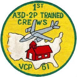 Composite Photographic Reconnaissance Squadron 61 (VCP-61) A3D-2P CREW
Established as Patrol Squadron SIXTY ONE (VP-61) on 20 Jan 1951. Redesignated: Photographic Squadron SIXTY ONE (VJ-61) on 5 Mar 1952; Heavy Photographic Squadron SIXTY ONE (VAP-61) "World Recorders" in Apr 1956. Composite Photographic Reconnaissance Squadron SIXTY ONE (VCP-61) on 1 Jul 1959. Heavy Photographic Squadron SIXTY ONE (VAP-61) on 1 Jul 1961. Disestablished on 1 Jul 1971.

North American AJ-2P Savage, 1952
Vought F8U-1P Crusader, 1959-1961
Douglas A3D-2P/RA-3B/KA-3B Skywarrior, 1959-1971

Insignia (2nd insignia) approved on 11 Jan 1961


