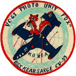 Composite Squadron 61 (VC-61) Detachment Fox Western Pacific and Korea Cruise 1952-1953
Established as Composite Squadron SIXTY ONE (VC-61) on 20 Jan 1949. Redesignated Light Photographic Squadron SIXTY ONE (VFP-61) on 2 Jul 1956; Composite Photographic Squadron SIXTY THREE (VCP-63) on 1 Jul 1959; Light Photographic Squadron SIXTY THREE (VFP-63) on 1 Jul 1961. Disestablished on 30 Jun 1982.

11 Aug 1952-17 Mar 1953, USS Kearsarge (CV-33), CVG-101, McDonnell F2H-2P Banshee


