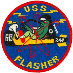 SSN-613 USS Flasher
Namesake. The flasher, a fish of the family Lobotidae
Awarded. 9 Jun 1960
Builder. General Dynamics Electric Boat, Groton, Connecticut
Laid down. 14 Apr 1961
Launched. 22 Jun 1963
Commissioned. 	22 Jul 1966
Decommissioned. 14 Sep 1992
Stricken	. 14 Sep 1992
Motto. Best in the West
Honors and awards: 5 × Battle Effectiveness Awards; 4 × Meritorious Unit Commendations; Navy Unit Commendation; Presidential Unit Citation
Fate. Scrapped via Ship-Submarine Recycling Program
Class and type. Thresher/Permit-class submarine
Displacement:	
3,540 long tons (3,597 t) surfaced
4,200 long tons (4,267 t) submerged
Length. 292 ft (89 m)
Beam. 31 ft 8 in (9.65 m)
Propulsion. S5W PWR
Speed:	
15 knots (28 km/h; 17 mph) surfaced
28 knots (52 km/h; 32 mph)+ submerged
Complement. 12 officers and 76 men (Actual inservice crew; 13 Officers, 100 men)
Armament. 4 × 21 in (533 mm) torpedo tubes


