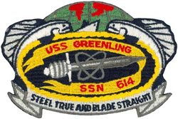 SSN-614 USS Greenling 
Namesake. Greenling, family of marine ray-finned fishes belonging to the suborder Cottoidei in the order Scorpaeniformes.
Awarded. 9 Jun 1960
Builder. General Dynamics Electric Boat, Groton, Connecticut
Laid down. 15 Aug 1961
Launched. 4 Apr 1964
Commissioned. 3 Nov 1967
Decommissioned. 18 Apr 1994
Stricken	. 18 Apr 1994
Motto. Steel true and blade straight
Fate. Entered Ship-Submarine Recycling Program, 1994
Class and type. Thresher/Permit-class submarine
Displacement. 3,732 long tons (3,792 t)
Length. 	292 ft 3 in (89.08 m)
Beam. 31 ft 8 in (9.65 m)
Draft. 24 ft (7.3 m)
Propulsion. S5W PWR
Speed. more than 30 knots (56 km/h; 35 mph)
Complement. 114 officers and men
Armament. 4 × 21 in (533 mm) torpedo tubes

