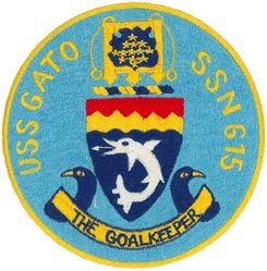 SSN-615 USS Gato
Namesake. The gato, a species of small catshark
Ordered. 9 Jul 1960
Builder. General Dynamics Electric Boat
Laid down. 15 Dec 1961
Launched. 14 May 1964
Commissioned. 	25 Jan 1968
Decommissioned. 25 Apr 1996
Fate. Disposed of via Ship-Submarine Recycling Program
Class and type. Thresher/Permit-class nuclear submarine
Displacement:	
3964 tons light
4242 tons full
 278 tons dead
Length. 292 ft (89 m)
Beam. 32 ft (9.8 m)
Draft. 28 ft (8.5 m)
Propulsion. S5W reactor with S3G-3 Core, two steam turbines with reduction-geared single shaft
Complement. 12 officers, 115 men
Armament:	
4 × 21 in (533 mm) torpedo tubes amidships,
MK-37 and MK-48 torpedoes,
MK-67 SLMM, UGM-84 Harpoon cruise missiles,
SUBROC short-range ballistic missile


