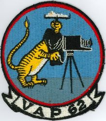 Heavy Photographic Squadron 62 (VAP-62)
Established as Photographic Squadron SIXTY TWO (VJ-62) on 10 Apr 1952. Redesignated Heavy Photographic Squadron SIXTY TWO (VAP-62) "Tigers" on 2 Jul 1956. Disestablished on 15 Oct 1969.

Grumman F7F-4N Tigercat, 1953-1957
Douglas A3D-1P Skywarrior, 1957-1959
Douglas A3D-2P/RA-3B Skywarrior, 1959-1969

(Request for the new insignia was disapproved by CNO on 20 Oct 1960. The tiger insignia was disapproved because cartoon portrayals were no longer acceptable under the insignia guidelines)

