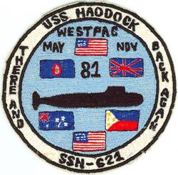 SSN-621 USS Haddock WESTERN PACIFIC CRUISE 1981
Namesake. The haddock, a large fish
Awarded. 24 Aug 1960
Builder. Ingalls Shipbuilding, Pascagoula, Mississippi
Laid down. 24 Apr 1961
Launched. 21 May 1966
Commissioned. 	22 Dec 1967
Decommissioned. 7 Apr 1993
Stricken	. 7 Apr 1993
Homeport. San Diego, later Pearl Harbor, HI
Honors and awards. 2 Vietnam Service Medals, Armed Forces Expeditionary Medal, Battle "E" Award.
Fate. Entered Ship-Submarine Recycling Program, 1 Oct 2000; recycling completed 1 Oct 2001
Class and type. Thresher/Permit-class submarine
Displacement:	
3,770 LT (3,830 tonnes) surfaced
4,300 long tons (4,369 t) submerged
Length. 	279 ft (85 m)
Beam. 31 ft 8 in (9.65 m)
Propulsion. S5W PWR
Complement. 100 officers and men
Armament. 4 × 21 in (533 mm) torpedo tubes

