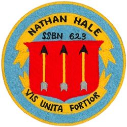 SSBN-623 USS Nathan Hale
Namesake. Nathan Hale (1755–1776), a hero of the American Revolutionary War
Ordered. 3 Feb 1961
Awarded. 3 Feb 1961
Builder. General Dynamics Electric Boat
Laid down. 2 Oct 1961
Launched. 12 Jan 1963
Commissioned. 23 Nov 1963
Decommissioned. 31 Jan 1986
Stricken	. 31 Jan 1986
Fate. Entered Ship-Submarine Recycling Program 2 Oct 1991; recycling completed 5 Apr 1994
Class and type. Lafayette-class submarine
Type. Ballistic missile submarine (hull design SCB-216)
Displacement. Surfaced: approx. 7,250 tons Submerged: approx. 8,250 tons
Length. 	425 feet (130 meters)
Beam. 33 feet (10 meters)
Draft. 31.5 feet (9.6 meters)
Propulsion: 1 × S5W reactor; 2 × DeLaval turbine=15,000 shp (11,000 kW)
Speed. Surfaced: 16 – 20 knots Submerged: 22 – 25 knots
Complement. Two crews (Blue Crew and Gold), 13 officers and 130 enlisted men each
Sensors and processing systems	BQS-4 sonar
Armament:	
4 × 21 in (530 mm) Mark 65 torpedo tubes with Mark 113 firecontrol system, for Mark 48 torpedoes
16 × vertical tubes for Polaris or Poseidon ballistic missiles

