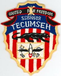 SSBN-628 USS Tecumseh
Namesake. Tecumseh (1768-1813), a Native American leader of the Shawnee
Ordered. 20 Jul 1961
Builder. Electric Boat, Groton, Connecticut
Laid down. 1 Jun 1962
Launched. 22 Jun 1963
Commissioned	. 9 May 1964
Decommissioned. 23 Jul 1993
Stricken	. 23 Jul 1993
Motto. United for Freedom
Fate. Scrapped via Ship-Submarine Recycling Program completed 1 Apr 1994
Class and type. James Madison-class submarine
Displacement:	
7,300 long tons (7,417 t) surfaced
8,250 long tons (8,382 t) submerged
Length. 425 ft (130 m)
Beam. 33 ft (10 m)
Draft. 31 ft 4 in (9.55 m)
Installed power. S5W reactor
Propulsion. 2 × geared steam turbines, 15,000 shp (11,185 kW), 1 shaft
Speed: 16 knots (30 km/h; 18 mph) surfaced; 21 knots (39 km/h; 24 mph) submerged
Test depth. 1,300 ft (400 m)
Complement. Two crews (Gold and Blue) of 140 each
Armament:	
4 × 21 in (533 mm) torpedo tubes forward
16 × Polaris A3 missiles (replaced by Poseidon missiles in 1970)

