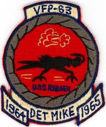 Light Photographic Squadron 63 (VFP-63 Det M) Detachment Mike CVW-9 Western Pacific/Vietnam 1964-1965
Established as Composite Squadron Sixty-One (VC-61) on 20 Jan 1949. Redesignated Fighter Photographic Squadron Sixty One (VFP-61) in Jul 1956; Composite Photographic Squadron Sixty-Three (VCP-63) on 1 Jul 1959; Light Photographic Squadron Sixty Three (VFP-63) on 1 Jul 1961. Disestablished on 30 Jun 1982.

Deployment: 5 Aug 1964-6 May 1965, USS Ranger (CVA-61), CVW-9, Vought F8U-1P/RF-8 Crusader

