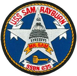 SSBN-635 USS Sam Rayburn 
Namesake. Sam Rayburn (1882–1961), Speaker of the United States House of Representatives (1940–1947, 1949–1953, and 1955–1961)
Ordered. 20 Jul 1961
Builder. Newport News Shipbuilding and Dry Dock Company, Newport News, VA
Laid down. 3 Dec 1962
Launched. 20 Dec 1963
Commissioned. 	2 Dec 1964
Decommissioned. 31 Jul 1989
Reclassified. Moored training ship, MTS-635, 31 July 1989
Stricken. 31 Jul 1989
Motto. "First in its Class"
Status. Awaiting defueling and disposal at Norfolk Naval Shipyard.
Class and type. James Madison-class submarine
Displacement. 6,700 long tons (6,808 t) light
Length. 425 ft (130 m)
Beam. 33 ft (10 m)
Draft. 32 ft (9.8 m)
Installed power. S5W reactor
Propulsion. 2 × geared steam turbines, one shaft 15,000 shp (11,185 kW)
Speed. Over 20 knots (37 km/h; 23 mph)
Test depth. 1,300 feet (400 m)
Complement. Two crews (Blue and Gold) of 120 men each
Armament:	
16 × ballistic missile tubes
4 × 21 in (533 mm) torpedo tubes (all forward)


