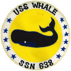 SSN-638 USS Whale
Namesake. The whale, a fully aquatic placental marine mammal
Builder. General Dynamics Quincy Shipbuilding Division, Quincy, Massachusetts
Laid down. 27 May 1964
Launched. 14 Oct 1966
Commissioned. 	12 Oct 1968
Decommissioned. 25 Jun 1996
Stricken	25 Jun 1996
Honors and awards. Battle Efficiency Award (Battle "E") (1991)
Fate. Scrapping via Ship and Submarine Recycling Program, 29 Sep 1997
Class and type. Sturgeon-class attack submarine
Displacement:
3,860 long tons (3,922 t) surfaced
4,640 long tons (4,714 t) submerged
Length. 292 ft 3 in (89.08 m)
Beam. 31 ft 8 in (9.65 m)
Draft. 28 ft 8 in (8.74 m)
Installed power. 15,000 shp (11,185.5 kW)
Propulsion:	
1 × S5W nuclear reactor
2 × steam turbines
1 × shaft
Speed: 15 kn (28 km/h; 17 mph) surfaced; 25 knots (46 km/h; 29 mph) submerged
Test depth. 1,300 ft (396 m)
Complement. 107
Armament:	
4 × 21-inch (533 mm) torpedo tubes
Mark 48 torpedoes
UUM-44A SUBROC missiles
UGM-84A/C Harpoon missiles
Tomahawk cruise missiles

