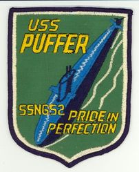 SSN-652 USS Puffer 
Namesake. The pufferfish
Ordered. 26 Mar 1963
Builder. Ingalls Shipbuilding, Pascagoula, Mississippi
Laid down. 8 Feb 1965
Launched. 30 Mar 1968
Commissioned. 9 Aug 1969
Decommissioned. 12 Jul 1996
Stricken	. 12 Jul 1996
Motto. Pride in Perfection
Fate. Scrapping via Ship and Submarine Recycling Program completed 28 Mar 1997
Class and type. Sturgeon-class attack submarine
Displacement:	
3,978 long tons (4,042 t) light
4,272 long tons (4,341 t) full
294 long tons (299 t) dead
Length. 292 ft (89 m)
Beam. 32 ft (9.8 m)
Draft. 29 ft (8.8 m)
Installed power. 15,000 shaft horsepower (11.2 megawatts)
Propulsion. One S5W nuclear reactor, two steam turbines, one screw
Speed. Over 20 knots (37 km/h; 23 mph)
Test depth. 1,300 feet (400 meters)
Complement. 109 (14 officers, 95 enlisted men
Armament:	
4 × 21-inch (533 mm) torpedo tubes
Mark 48 torpedoes
Tomahawk cruise missiles
UGM-84A/C Harpoon missiles
Mark 60 CAPTOR mines
Mark 61 mines
Mark 67 Submarine Launched Mobile Mines

