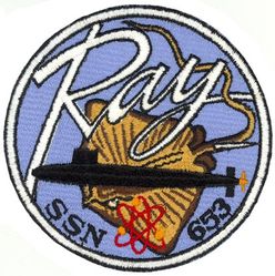 SSN-653 USS Ray
Ordered. 26 Mar 1963
Builder. Newport News Shipbuilding and Dry Dock Company
Laid down. 4 Jan 1965
Launched. 21 Jun 1966
Commissioned. 	12 Apr 1967
Decommissioned. 16 Mar 1993
Stricken	. 16 Mar 1993
Fate. Scrapping via Ship and Submarine Recycling Program begun 15 Mar 2002, completed 30 Jul 2003
Class and type. Sturgeon-class attack submarine
Displacement:	
3,800 long tons (3,861 t) surfaced
4,600 long tons (4,674 t) submerged
Length. 	292 ft 3 in (89.08 m)
Beam. 31 ft 8 in (9.65 m)
Draft. 28 ft 8 in (8.74 m)
Installed power. 15,000 shaft horsepower (11.2 megawatts)
Propulsion. One S5W nuclear reactor, two steam turbines, one screw
Speed. 20 knots (37 km/h; 23 mph)+
Test depth. 1,300 feet (396 meters)
Complement. 107
Armament. 4 × 21-inch (533 mm) torpedo tubes

