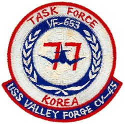 Fighter Squadron 653 (VF-653) Western Pacific-Korea Cruise 1951-1952
Established as Reserve Fighter Squadron SIX HUNDRED FIFTY THREE (VF-653) in Dec 1949. Redesignated Fighter Squadron ONE HUNDRED FIFTY ONE (VF-151) on 4 Feb 1953; Attack Squadron ONE HUNDRED FIFTY ONE (VA-151) on 7 Feb 1956; Attack Squadron TWENTY THREE (VA-23) on 23 Feb 1959. Disestablished on 1 Apr 1970.

15 Oct 1951-3 Jul 1952, USS Valley Forge (CV-45), CVG-11, Vought F4U-4/4B Corsair, Western Pacific, Korea


