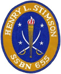 SSBN-655 USS Henry L Stimson 
Namesake. Henry L. Stimson (1867–1950), U.S. Secretary of State (1929–1933) and U.S. Secretary of War (1911–1913, 1940–1945)
Awarded. 29 Jul 1963
Builder.  General Dynamics Electric Boat, Groton, Connecticut
Laid down. 4 Apr 1964
Launched. 13 Nov 1965
Commissioned. 	20 Aug 1966
Decommissioned. 5 May 1993
Stricken	. 5 May 1993
Fate. Scrapping via Ship and Submarine Recycling Program completed 12 Aug 1994
Class and type. Benjamin Franklin class nuclear-powered fleet ballistic missile submarine
Displacement:	
7,250 tons surfaced
8,250 tons submerged
Length. 	425 feet (130 m)
Beam. 33 feet (10 m)
Draft. 31.5 feet (9.6 m)
Installed power. 15,000 shp (11,185 kW)
Propulsion. One S5W pressurized-water nuclear reactor, two geared steam turbines, one shaft
Speed. 16–20 knots surfaced, 22–25 knots submerged
Test depth. 1,300 feet (400 m)
Complement. Two crews (Blue Crew and Gold Crew) of 13 officers and 130 enlisted men each
Armament:	
16 × ballistic missile tubes with one Polaris, later Poseidon, later Trident I ballistic missile each
4 × 21-inch (533 mm) torpedo tubes


