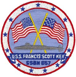 SSBN-657 USS Francis Scott Key 
Namesake. Francis Scott Key (1779–1843), author of the words to the United States' national anthem, "The Star-Spangled Banner"
Ordered. 29 Jul 1963
Builder. General Dynamics Electric Boat, Groton, CT
Laid down. 5 Dec 1964
Launched. 23 Apr 1965
Commissioned. 3 Dec 1966
Decommissioned. 2 Sep 1993
Stricken	. 2 Sep 1993
Fate. Scrapping via Ship and Submarine Recycling Program completed 1 Sep 1995
Class and type. 	Benjamin Franklin-class fleet ballistic missile submarine
Displacement:	
7,300 long tons (7,417 t) surfaced
8,250 long tons (8,382 t) submerged
Length. 	425 ft (130 m)
Beam. 33 ft (10 m)
Draft. 31 ft (9.4 m)
Installed power. 15,000 shp (11,185 kW)
Propulsion. One S5W pressurized-water nuclear reactor, two geared steam turbines, one shaft
Speed. Over 20 knots
Test depth. 1,300 feet (400 m)
Complement. Two crews (Blue Crew and Gold Crew) of 120 men each
Armament:	
16 × ballistic missile tubes
4 × 21 in (533 mm) torpedo tubes (all forward)

