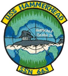 SSN-663 USS Hammerhead NORTH POLE ICE EXERCISE 1970
Namesake. The sea devil (Manta birostria), also known as the manta ray and devil ray
Ordered. 28 May 1964
Builder. Newport News Shipbuilding and Dry Dock Company, Newport News, Virginia
Laid down. 12 Apr 1966
Launched. 5 Oct 1967
Commissioned. 30 Jan 1969
Decommissioned. 16 Oct 1991
Stricken	. 6 Oct 1991
Fate. Scrapping via Ship and Submarine Recycling Program begun 1 Mar 1998, completed 7 Sep 1999
Class and type. Sturgeon-class attack submarine
Displacement:	
3,860 long tons (3,922 t) light
4,268 long tons (4,336 t) full
408 long tons (415 t) dead
Length. 292 ft 3 in (89.08 m)
Beam. 31 ft 8 in (9.65 m)
Draft. 28 ft 8 in (8.74 m)
Installed power. 15,000 shaft horsepower (11.2 megawatts)
Propulsion. One S5W nuclear reactor, two steam turbines, one screw
Speed:	
15 knots (28 km/h; 17 mph) surfaced
25 knots (46 km/h; 29 mph) submerged
Test depth. 1,300 feet (400 meters)
Complement. 108
Armament. 4 × 21-inch (533 mm) torpedo tubes

