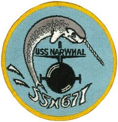 SSN-671 USS Narwhal
Namesake. Narwhal, a gray and white arctic whale with a unicorn-like, ivory tusk
Ordered. 28 July 1964
Builder.	General Dynamics Electric Boat, Groton, Connecticut
Laid down. 17 January 1966
Launched. 9 September 1967
Commissioned. 12 July 1969
Decommissioned. 1 July 1999
Stricken	. 1 July 1999
Fate. Scrapped
Class and type. Narwhal class submarine
Displacement:	
4,948 long tons (5,027 t) light
5,293 long tons (5,378 t) full
Length. 	314 ft 8 in (95.91 m)
Beam. 33 ft (10 m)[2]
Draft. 29 ft (8.8 m)
Propulsion:	
1 × S5G pressurized water reactor
1 × steam turbine, 17,000 shp (13,000 kW)[1]
1 shaft
Speed. 20 knots (surfaced): 25 knots (submerged)
Complement. 12 officers, 95 enlisted
Armament:	
4 × 21 in (533 mm) torpedo tubes capable of launching:
SUBROC
Mark 37 torpedoes
Mark 45 torpedoes
Mark 48 ADCAP torpedoes
Mines
Tomahawk missiles
Harpoon missiles

