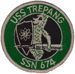 SSN-674 USS Trepang 
Namesake. The trepang, Holothuroidea, a marine animal also called a "sea slug" or "sea cucumber"
Ordered. 15 Jul 1966
Builder.	General Dynamics Electric Boat, Groton, Connecticut
Laid down. 28 Oct 1967
Launched. 27 Sep 1969
Commissioned. 14 Aug 1970
Decommissioned. 1 Jun 1999
Stricken	. 1 Jun 1999
Fate. Scrapping via Ship and Submarine Recycling Program completed 7 Apr 2000
Class and type. Sturgeon-class attack submarine
Displacement:	
3,978 long tons (4,042 t) light
4,270 long tons (4,339 t) full
292 long tons (297 t) dead
Length. 292 ft 3 in (89.08 m)
Beam. 31 ft 8 in (9.65 m)
Draft. 28 ft 8 in (8.74 m)
Installed power. 15,000 shaft horsepower (11.2 megawatts)
Propulsion. One S5W nuclear reactor, two steam turbines, one screw
Speed:	
15 knots (28 km/h; 17 mph) surfaced
25 knots (46 km/h; 29 mph) submerged
Test depth. 1,300 feet (400 meters)
Complement. 109 (14 officers, 95 enlisted men)
Armament. 4 × 21-inch (533 mm) torpedo tubes


