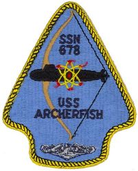 SSN-678 USS Archerfish 
Namesake. The archerfish (Toxotidae Toxotes)
Ordered. 25 Jun 1968
Builder.	Electric Boat Division of General Dynamics Corporation, Groton, Connecticut
Laid down. 19 Jun 1969
Launched. 16 Jan 1971
Commissioned. 17 Dec 1971
Decommissioned. 31 Mar 1998
Stricken	. 31 Mar 1998
Fate. Scrapping via Ship and Submarine Recycling Program completed 6 Nov 1998
Class and type. Sturgeon-class attack submarine
Displacement:	
3,978 long tons (4,042 t) light
4,270 long tons (4,339 t) full
292 long tons (297 t) dead
Length. 302 ft 3 in (92.13 m)
Beam. 31 ft 8 in (9.65 m)
Draft. 28 ft 8 in (8.74 m)
Installed power. 15,000 shaft horsepower (11.2 megawatts)
Propulsion. One S5W nuclear reactor, two steam turbines, one screw
Speed:	
Over 20 knots (37 km/h; 23 mph) surfaced
over 30 knots (56 km/h; 35 mph) submerged
Range. Unlimited
Test depth. 1,320 feet (400 meters)
Complement. 112 (14 officers, 98 enlisted men)
Armament:	
4 × 21-inch (533 mm) amidship torpedo tubes
Mark 48 torpedoes
UGM-84A/C Harpoon cruise missiles
Tomahawk land-attack cruise missile
Tomahawk antiship cruise missile
15 torpedo reloads plus 4 Harpoons or up to 8 Tomahawks instead of equivalent of number of torpedoes or Harpoons
Minelayer configuration: Mark 67 mobile mine or Mark 60 CAPTOR mines instead of torpedoes

