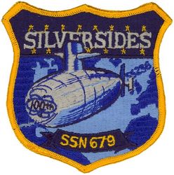 SSN-679 USS Silversides 
Namesake. The silverside, an order of ray-finned 
Ordered. 25 Jun 1968
Builder	Electric Boat Division of General Dynamics Corporation, Groton, Connecticut
Laid down. 13 Oct 1969
Launched. 4 Jun 1971
Commissioned. 5 May 1972
Decommissioned. 21 Jul 1994
Stricken. 21 Jul 1994
Motto. Veni Vidi Vici ("I Came, I Saw, I Conquered")
Fate. Scrapping via Ship and Submarine Recycling Program begun 1 Oct 2000, completed 1 Oct 2001
Class and type. Sturgeon-class attack submarine
Displacement:	
3,978 long tons (4,042 t) light
4,270 long tons (4,339 t) full
292 long tons (297 t) dead
Length. 302 ft 3 in (92.13 m)
Beam. 31 ft 8 in (9.65 m)
Draft. 28 ft 8 in (8.74 m)
Installed power. 15,000 shaft horsepower (11.2 megawatts)
Propulsion. One S5W nuclear reactor, two steam turbines, one screw
Speed:	
15 knots (28 km/h; 17 mph) surfaced
25 knots (46 km/h; 29 mph) submerged
Test depth. 1,300 feet (396 meters)
Complement. 109 (14 officers, 95 enlisted men)
Armament. 4 × 21-inch (533 mm) torpedo tubes

