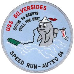 SSN-679 USS Silversides Atlantic Undersea Test and Evaluation Center 1984
Namesake. The silverside, an order of ray-finned 
Ordered. 25 Jun 1968
Builder	Electric Boat Division of General Dynamics Corporation, Groton, Connecticut
Laid down. 13 Oct 1969
Launched. 4 Jun 1971
Commissioned. 5 May 1972
Decommissioned. 21 Jul 1994
Stricken. 21 Jul 1994
Motto. Veni Vidi Vici ("I Came, I Saw, I Conquered")
Fate. Scrapping via Ship and Submarine Recycling Program begun 1 Oct 2000, completed 1 Oct 2001
Class and type. Sturgeon-class attack submarine
Displacement:	
3,978 long tons (4,042 t) light
4,270 long tons (4,339 t) full
292 long tons (297 t) dead
Length. 302 ft 3 in (92.13 m)
Beam. 31 ft 8 in (9.65 m)
Draft. 28 ft 8 in (8.74 m)
Installed power. 15,000 shaft horsepower (11.2 megawatts)
Propulsion. One S5W nuclear reactor, two steam turbines, one screw
Speed:	
15 knots (28 km/h; 17 mph) surfaced
25 knots (46 km/h; 29 mph) submerged
Test depth. 1,300 feet (396 meters)
Complement. 109 (14 officers, 95 enlisted men)
Armament. 4 × 21-inch (533 mm) torpedo tubes

