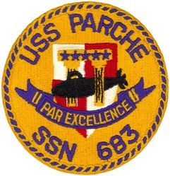 SSN-683 USS Parche 
Namesake. The parche, a type of butterfly fish
Ordered. 25 Jun 1968
Builder. Ingalls Shipbuilding, Pascagoula, MS
Laid down. 10 Dec 1970
Launched. 13 Jan 1973
Commissioned. 17 Aug 1974
Decommissioned. 19 Oct 2004
Stricken. 18 Jul 2005
Motto. Par Excellence
Honors and awards:	
9 Presidential Unit Citations
10 Navy Unit Commendations
13 Navy Expeditionary Medals
Fate. Scrapping via Ship and Submarine Recycling Program completed 30 Nov 2006
Class and type. Sturgeon-class attack submarine
Displacement:	
As built:
3,978 long tons (4,042 t) light
4,270 long tons (4,339 t) full
292 long tons (297 t) dead
Length:
As built: 302 ft 3 in (92.13 m)
After 1987–1991 lengthening: 401 ft (122 m)
Beam. 31 ft 8 in (9.65 m)
Draft. 28 ft 8 in (8.74 m)
Installed power.	15,000 shaft horsepower (11.2 megawatts)
Propulsion. One S5W nuclear reactor, two steam turbines, one screw
Speed:	
15 knots (28 km/h; 17 mph) surfaced
25 knots (46 km/h; 29 mph) submerged
Test depth. 1,300 feet (396 meters)
Complement:	
As built: 112 (14 officers, 98 enlisted men)
After 1987–1991 modifications: 179 (22 officers, 157 enlisted men)
Armament. 4 × 21-inch (533 mm) torpedo tubes

