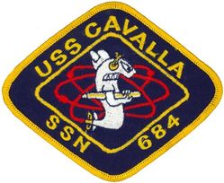 SSN-684 USS Cavalla
Namesake. The cavalla, a salt-water fish
Ordered. 24 Jul 1968
Builder.	General Dynamics Electric Boat, Groton, Connecticut
Laid down. 4 Jun 1970
Launched. 19 Feb 1972
Commissioned.	9 Feb 1973
Decommissioned. 30 Mar 1998
Stricken. 30 Mar 1998
Motto. Any Mission, Any Time
Honors and awards. Meritorious Unit Commendation
Fate. Scrapping via Ship and Submarine Recycling Program completed 17 Nov 2000
Class and type. Sturgeon-class attack submarine
Displacement:	
4,193 long tons (4,260 t) light
4,498 long tons (4,570 t) full
305 long tons (310 t) dead
Length. 302 ft 3 in (92.13 m)
Beam. 31 ft 8 in (9.65 m)
Draft. 28 ft 8 in (8.74 m)
Installed power.	15,000 shaft horsepower (11.2 megawatts)
Propulsion. One S5W nuclear reactor, two steam turbines, one screw
Speed:	
15 knots (28 km/h; 17 mph) surfaced
25 knots (46 km/h; 29 mph) submerged
Test depth. 1,300 feet (396 meters)
Complement. 110 (12 officers, 98 enlisted men)
Armament. 4 × 21-inch (533 mm) torpedo tubes

