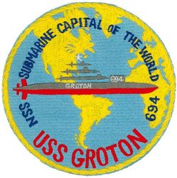 SSN-694 USS Groton 
Namesake. Groton, CT
Awarded. 31 Jan 1971
Builder	General Dynamics Corporation
Laid down. 3 Aug 1973
Launched. 9 Oct 1976
Commissioned. 8 Jul 1978
Decommissioned. 7 Nov 1997
Stricken. 7 Nov 1997
Fate. Disposed of by submarine recycling
Class and type. Los Angeles-class submarine
Displacement:	
5,780 tons light
6,143 tons full
363 tons dead
Length. 110.3 m (361 ft 11 in)
Beam. 10 m (32 ft 10 in)
Draft. 9.4 m (30 ft 10 in)
Propulsion:	
S6G nuclear reactor, 2 turbines, 35,000 hp (26,000 kW)
1 auxiliary motor 325 hp (242 kW), 1 shaft
Speed:	
15 knots (28 km/h) surfaced
32 knots (59 km/h) submerged
Test depth. 290 m (950 ft)
Complement. 12 officers; 98 enlisted
Armament. 4 × 21 in (533 mm) bow torpedo tubes

