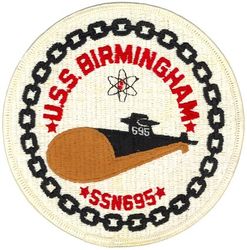 SSN-695 USS Birmingham 
Name. USS Birmingham (SSN-695)
Awarded. 24 Jan 1972
Builder. Newport News Shipbuilding
Laid down. 26 Apr 1975
Launched. 29 Oct 1977
Commissioned. 16 Dec 1978
Decommissioned. 22 Dec 1997
Stricken. 22 Dec 1997
Motto. Simpliciter Optimus (translated from the unofficial English language "Simply the Best" 
Fate. Disposed of by submarine recycling
Class and type. Los Angeles-class submarine
Displacement:	
5,789 tons light
6,159 tons full
370 tons dead
Length. 110.3 m (361 ft 11 in)
Beam. 10 m (32 ft 10 in)
Draft. 9.7 m (31 ft 10 in)
Propulsion. S6G nuclear reactor, 2 turbines, 35,000 hp (26 MW), 1 auxiliary motor 325 hp (242 kW), 1 shaft
Speed: 15 knots (28 km/h) surfaced; 32 knots (59 km/h) submerged
Test depth. Greater than 400 ft (120 m)
Complement. 12 officers; 98 enlisted
Armament:
4 × 21 in (533 mm) bow torpedo tubes
Mk 48-AdCap torpedoes
SubRoc anti-submarine rockets
Tomahawk cruise missiles


