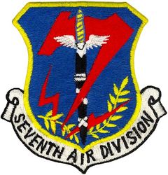 7th Air Division
Established as 7 Fighter Wing on 31 Mar 1944. Activated on 21 Apr 1944. Redesignated 7 Air Division on 15 Dec 1947. Inactivated on 1 May 1948. Organized on 1 May 1948. Discontinued on 3 Sep 1948. Activated on 20 Mar 1951. Inactivated on 16 Jun 1952. Organized on 16 Jun 1952. Discontinued on 30 Jun 1965. Activated on 1 Jul 1978. Inactivated on 1 Feb 1992.
Emblem approved on 16 Sep 1954.
