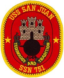 SSN-751 USS San Juan 
Namesake. The City of San Juan, PR
Awarded. 30 Nov 1982
Builder.	General Dynamics Electric Boat
Laid down. 9 Aug 1985
Launched. 6 Dec 1986
Commissioned.	6 Aug 1988
Motto. Technology and Tradition
Class and type. Los Angeles-class submarine
Displacement:	
5,790 long tons (5,883 t) light
6,197 long tons (6,296 t) full
407 long tons (414 t) dead
Length.	110.3 m (361 ft 11 in)
Beam. 10 m (32 ft 10 in)
Draft. 9.4 m (30 ft 10 in)
Installed power. nuclear
Propulsion:	
1 × S6G PWR nuclear reactor with D2W core (165 MW), HEU 93.5%
2 × steam turbines (33,500) shp
1 × shaft
1 × secondary propulsion motor 325 hp (242 kW)
Speed. Classified
Complement. 12 officers, 98 men
Sensors and processing systems. BSY-1 sonar suite combat system
Armament:	
4 × 21 in (533 mm) torpedo tubes
12 × vertical launch Tomahawk missiles

