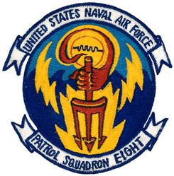 Patrol Squadron 8 (VP-8)
Established as Patrol Squadron TWO HUNDRED ONE (VP-201) on 1 Sep 1942. Redesignated Patrol Bombing Squadron TWO HUNDRED ONE (VPB-201) on 1 Oct 1944; Patrol Squadron TWO HUNDRED ONE (VP-201) on 15 May 1946; atrol Squadron, Medium Seaplane ONE (VP-MS-1) on 15 Nov 1946; Patrol Squadron, Medium Landplane EIGHT (VP-ML-8) on 5 Jun 1947; Patrol Squadron EIGHT (VP-8) on 1 Sep 1948, the second squadron to be assigned the VP-8 designation.

Lockheed P2V-5F Neptune, 1955-1962
Lockheed P-3A Orion, 1962-1965
Lockheed P-3B Orion, 1965-1981

Insignia (4th) approved by CNO on 25 Jun 1962.  

