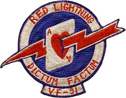 Fighter Squadron 91 (VF-91) (2nd)
Established as Fighter Squadron NINETY ONE (VF-91) (2nd) on 26 Mar 1952. Redesignated Fighter Squadron ONE HUNDRED NINETY FOUR (VF-194) (3rd) “Red Lightning” on 1 Aug 1963. Disestablished on 1 Mar 1978. Reestablished on 1 Dec 1986. Disestablished on 29 Apr 1988.

Grumman F9F-2 Panther, 1952-1954
Grumman F9F-6 Cougar, 1954-1956
North American FJ-3 Fury, 1956-1958
Vought F8U-1/2/F-8E/J Crusader, 1958-1976
McDonnell Douglas F-4J Phantom II, 1976-1978

Insignia approved in 1952.

Deployments.
VF-91
15 Dec 1952-14 Aug 1953 USS Philippine Sea (CV-47) CVG-9, F9F-2, WestPac/Korea	
11 May 1954-12 Dec 1954 USS Hornet (CVA-12) 	CVG-9, F9F-6, World Cruise
29 Oct 1955-17 May 1956 USS Kearsage	 (CVA-33 ) CVG-5, F9F-6,	 WestPac
11 Feb 1956-13 Jun 1956 USS Oriskany (CVA-34) CVG-9,	F9F-6, WestPac
16 Sep 1957-25 Apr 1958 USS Ticonderoga (CVA-14) CVG-9, FJ-3, WestPac	
6 Feb  1960-30 Aug 1960 USS Ranger (CVA-61) CVG-9, F8U-2, WestPac	
11 Aug 1961-8 Mar 1962 USS Ranger (CVA-61) CVG-9, F8U-2, WestPac
9 Nov 1962-14 Jun 1963	USS Ranger (CVA-61) CVG-9, F-8C, WestPac	

