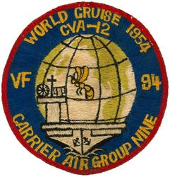 Fighter Squadron 94 (VF-94) CVG-9 WORLD CRUISE 1954
Established as Fighter Squadron NINETY FOUR (VF-94) (2nd) on 26 Mar 1952. Redesignated Attack Squadron NINETY FOUR (VA-94) on 1 Aug 1958; Strike Fighter Squadron NINETY FOUR (VFA-94) on 28 Jun 1990-.

11 May 1954-12 Dec 1954, USS Hornet (CV-12), CVG-9, Grumman F9F-5 Panther
