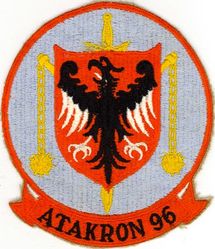 Attack Squadron 96 (VA-96)
Established as Attack Squadron NINETY SIX (VA-96) on 30 Jun 1956. Disestablished on 10 Apr 1958. The first squadron to be assigned the VA-96 designation.

Douglas AD-6/7 Skyraider

Insignia approved by CNO on 20 Feb 1957.


