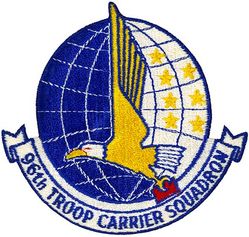 96th Troop Carrier Squadron
Constituted 96 Troop Carrier Squadron on 25 May 1943. Activated on 1 Jul 1943. Inactivated on 18 Oct 1945. Activated in the Reserve on 6 Mar 1947. Redesignated 96 Troop Carrier Squadron, Medium on 27 Jun 1949. Ordered to Active Service on 1 May 1951. Inactivated on 4 May 1951. Redesignated 96 Fighter-Bomber Squadron on 26 May 1952. Activated in the Reserve on 15 Jun 1952. Redesignated 96 Troop Carrier Squadron, Medium on 8 Sep 1957. Ordered to Active Service on 28 Oct 1962. Relieved from Active Duty on 28 Nov 1962. Redesignated: 96 Tactical Airlift Squadron on 1 Jul 1967; 96 Airlift Squadron on 1 Feb 1992. 

