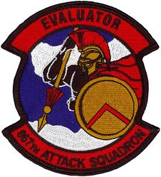 867th Attack Squadron Evaluator
Organized as 92 Aero Squadron on 21 Aug 1917. Demobilized on 21 Dec 1918. Reconstituted, and consolidated (1942), with 17 Reconnaissance Squadron (Light), which was constituted on 20 Nov 1940. Activated on 15 Jan 1941. Redesignated as: 92 Bombardment Squadron (Light) on 14 Aug 1941; 92 Reconnaissance Squadron (Medium) on 30 Dec 1941; 433 Bombardment Squadron (Medium) on 22 Apr 1942; 10 Antisubmarine Squadron (Heavy) on 29 Nov 1942; 867 Bombardment Squadron (Heavy) on 21 Oct 1943. Inactivated on 4 Jan 1946. Redesignated as 867 Reconnaissance Squadron on 9 Aug 2012. Activated on 10 Sep 2012.
 
