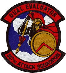 867th Attack Squadron Dual Evaluator
Organized as 92 Aero Squadron on 21 Aug 1917. Demobilized on 21 Dec 1918. Reconstituted, and consolidated (1942), with 17 Reconnaissance Squadron (Light), which was constituted on 20 Nov 1940. Activated on 15 Jan 1941. Redesignated as: 92 Bombardment Squadron (Light) on 14 Aug 1941; 92 Reconnaissance Squadron (Medium) on 30 Dec 1941; 433 Bombardment Squadron (Medium) on 22 Apr 1942; 10 Antisubmarine Squadron (Heavy) on 29 Nov 1942; 867 Bombardment Squadron (Heavy) on 21 Oct 1943. Inactivated on 4 Jan 1946. Redesignated as 867 Reconnaissance Squadron on 9 Aug 2012. Activated on 10 Sep 2012.
 
