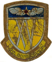465th Bombardment Group, Heavy XV Air Force
Established as 465th Bombardment Group (Heavy) on 19 May 1943. Activated on 1 Aug 1943. Redesignated 465th Bombardment Group, Heavy, c. 25 Jan 1944. Inactivated on 31 Jul 1945.

Insignia Italian made painted incised leather. Worn by SSgt. William A Marsh

Stations. Alamogordo AAFld, NM, 1 Aug 1943; Kearns Army Air Base, UT, Sep 1943; McCook Army Airfield, NE, c. 5 Oct 1943-1 Feb 1944; Pantanella Airfield, Italy Apr 1944-Jun 1945; Waller Field, Trinidad, 15 Jun-31 Jul 1945

