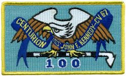 CV-67 USS John F Kennedy 100 Carrier Landings
Namesake. John F Kennedy, (1917-1963), 35th president of the USA
Awarded. 30 Apr 1964
Builder. Newport News Shipbuilding, VA
Laid down. 22 Oct 1964
Launched. 27 May 1967
Christened. 27 May 1967
Commissioned. 7 Sep 1968
Decommissioned. 23 Mar 2007
Stricken. 16 Oct 2009
Fate. Sold to International Shipbreaking Limited on 6 Oct 2021 to be dismantled 
Motto Date Nolite Rogare (Give, do not ask)
Type. variant of the Kitty Hawk class aircraft carrier
Displacement:	
60,728 tons light
82,655 tons full load
21,927 tons deadweight
Length. 1,052 ft (321 m) overall, 990 ft (300 m) waterline
Beam. 252 ft (77 m) extreme, 130 ft (40 m) waterline
Height. 192 ft (59 m) from top of the mast to the waterline
Draft. 36 ft (11 m) maximum, 37 ft (11 m) limit
Installed power. 8 × Babcock & Wilcox boilers, 1,200 PSI 280,000 shp (210 MW)
Propulsion:	
4 × steam turbines
4 shafts
Speed	34 knots (63 km/h; 39 mph)
Capacity. 5,000+
Complement. 3,297 officers and men (without jet commands & crews)
Armament:	
2 × GMLS Mk 29 launchers for Sea Sparrow missiles
2 × Phalanx CIWS
2 × RAM launchers
Aircraft carried. 	80+

